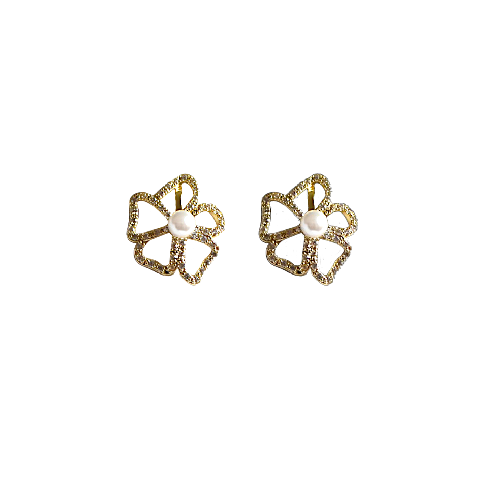 Zircon Floral Earrings with Faux Pearl