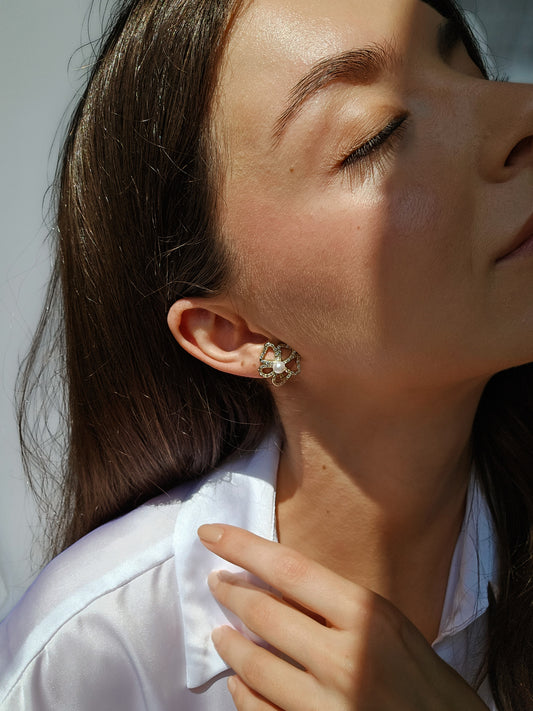 Zircon Floral Earrings with Faux Pearl